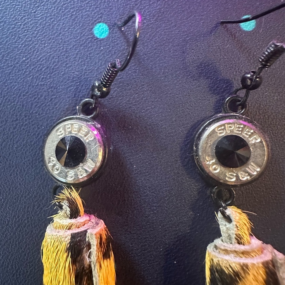 Leopard Print Cow Hair tassel earrings with bullet casings. - Picture 2 of 2